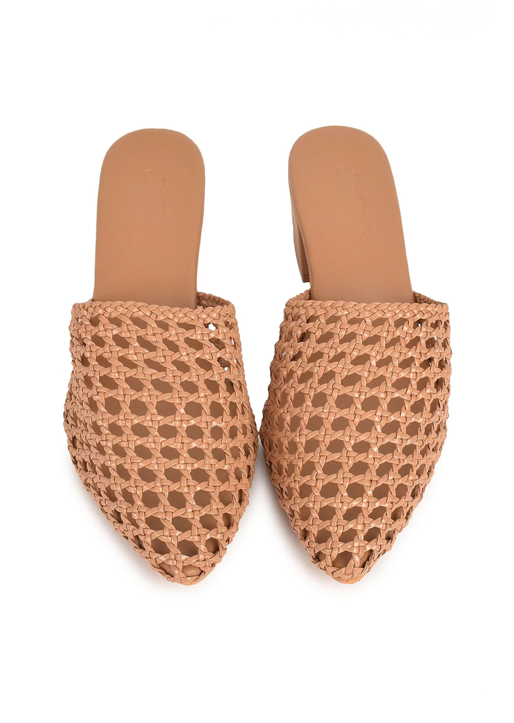 Beige Mule Heels With Woven Mesh Detailing By Sole House