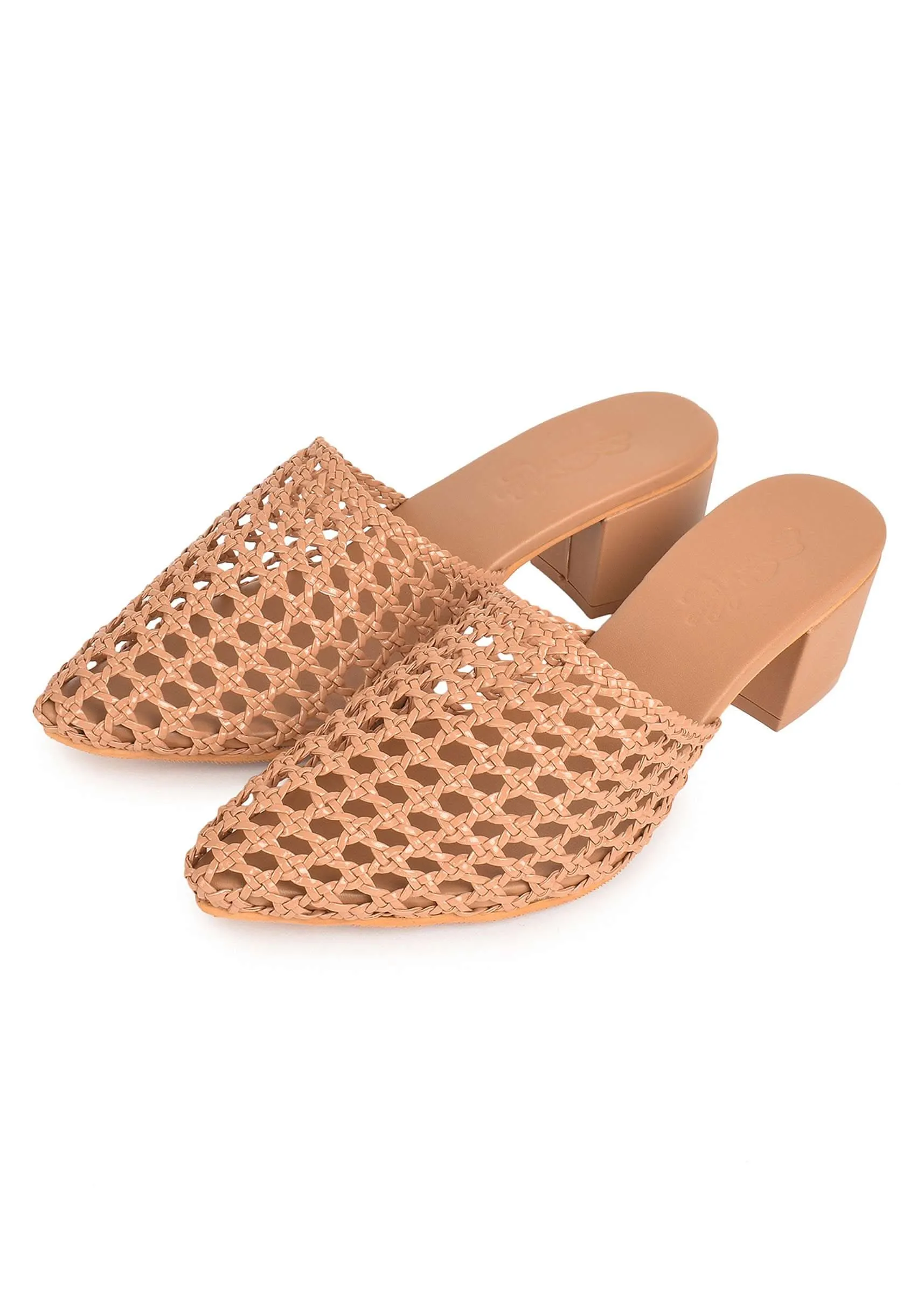 Beige Mule Heels With Woven Mesh Detailing By Sole House