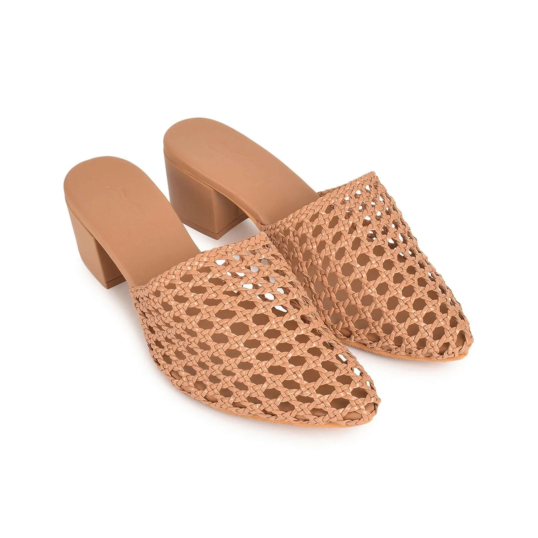 Beige Mule Heels With Woven Mesh Detailing By Sole House
