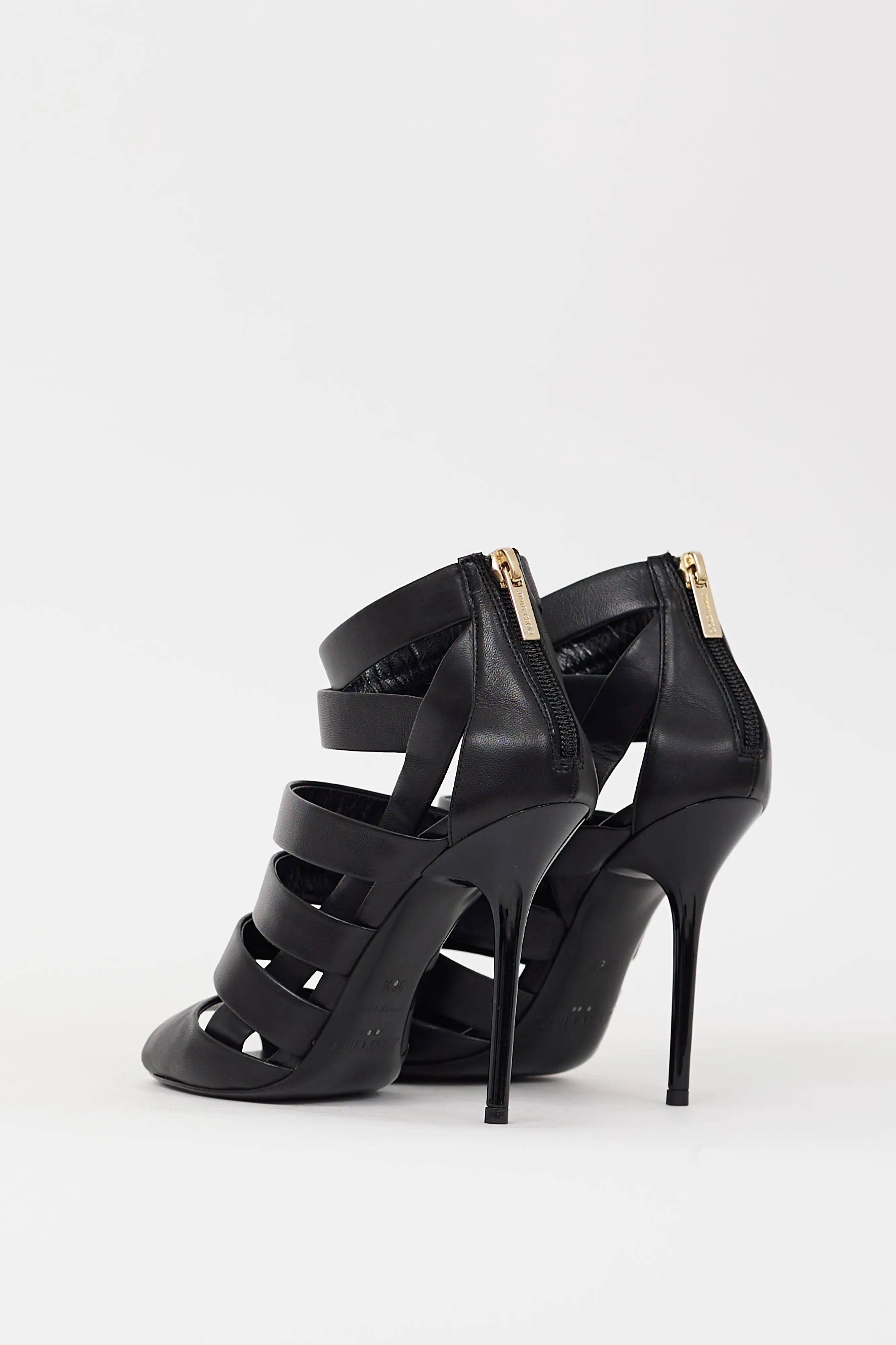 Black Leather Duran Caged Strappy Heel