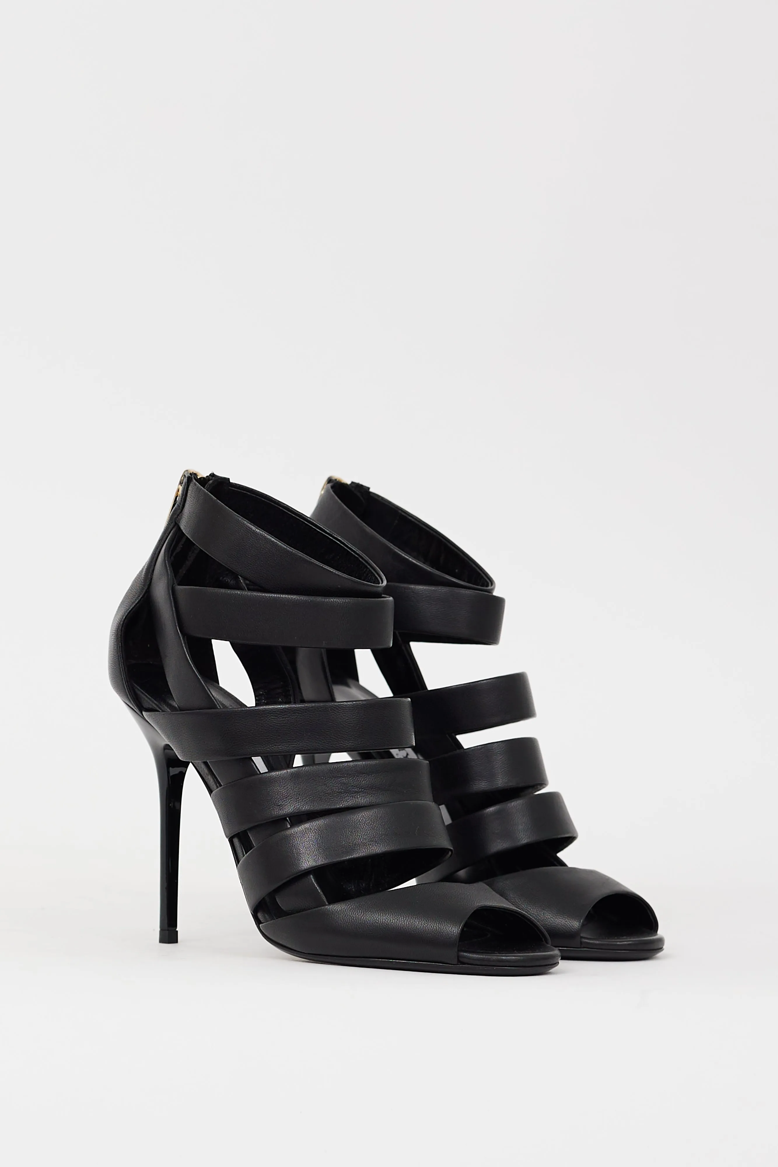Black Leather Duran Caged Strappy Heel