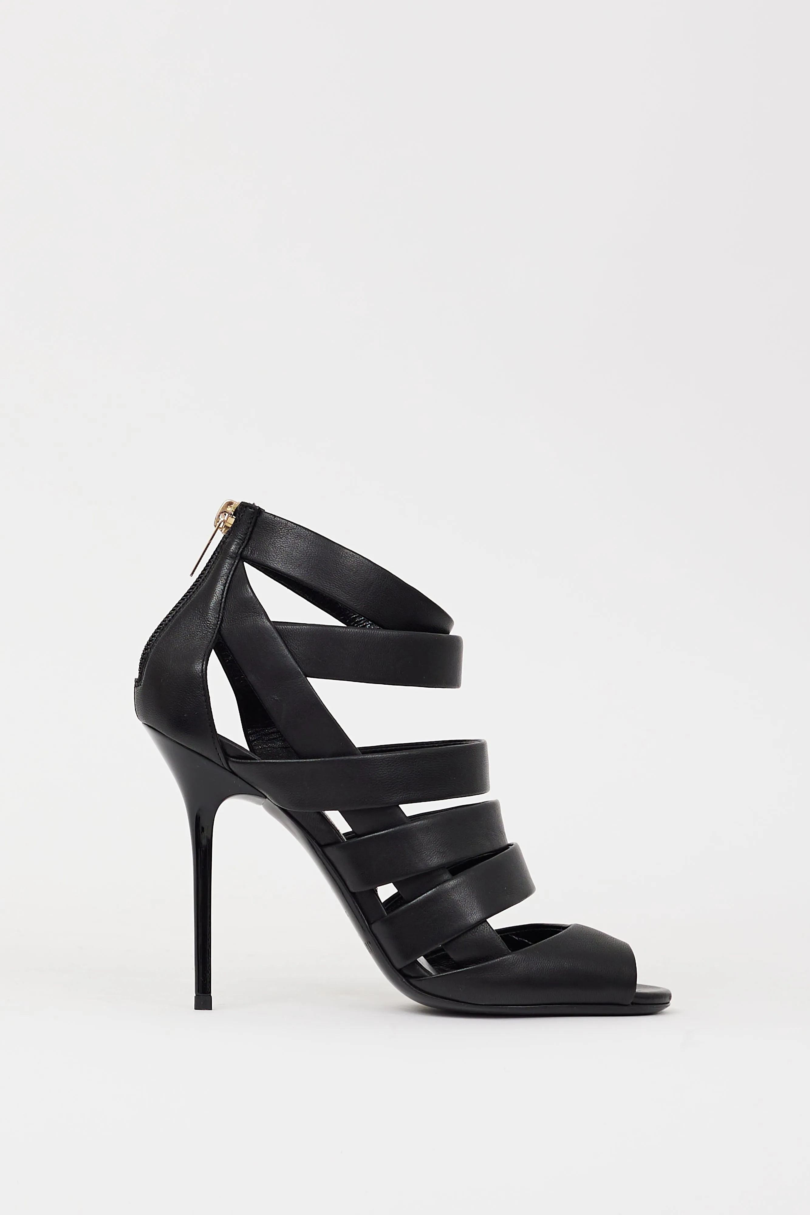 Black Leather Duran Caged Strappy Heel
