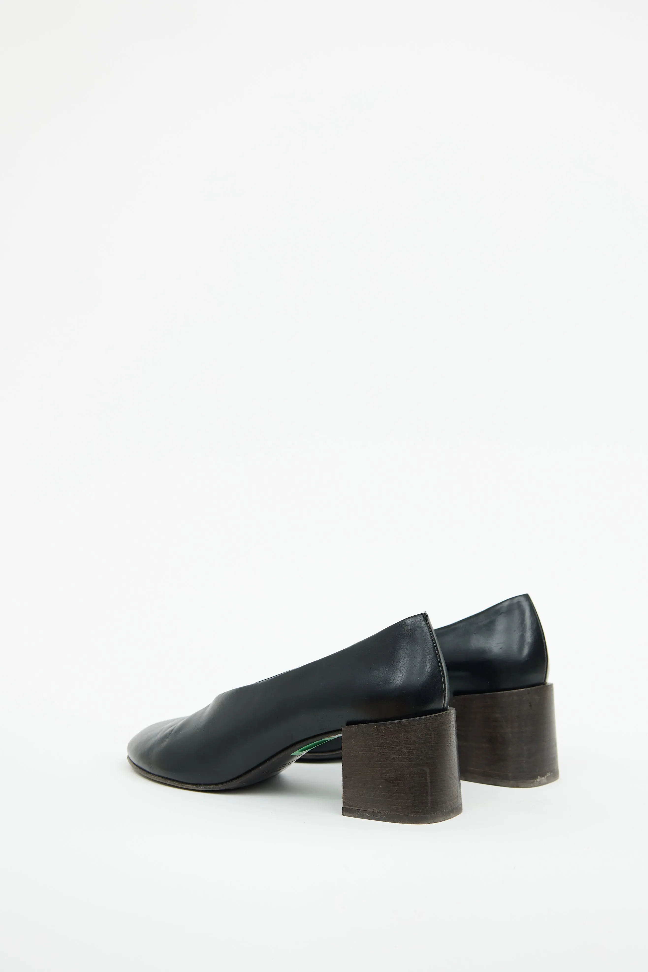 Black Leather Sully Stacked Heel Pump