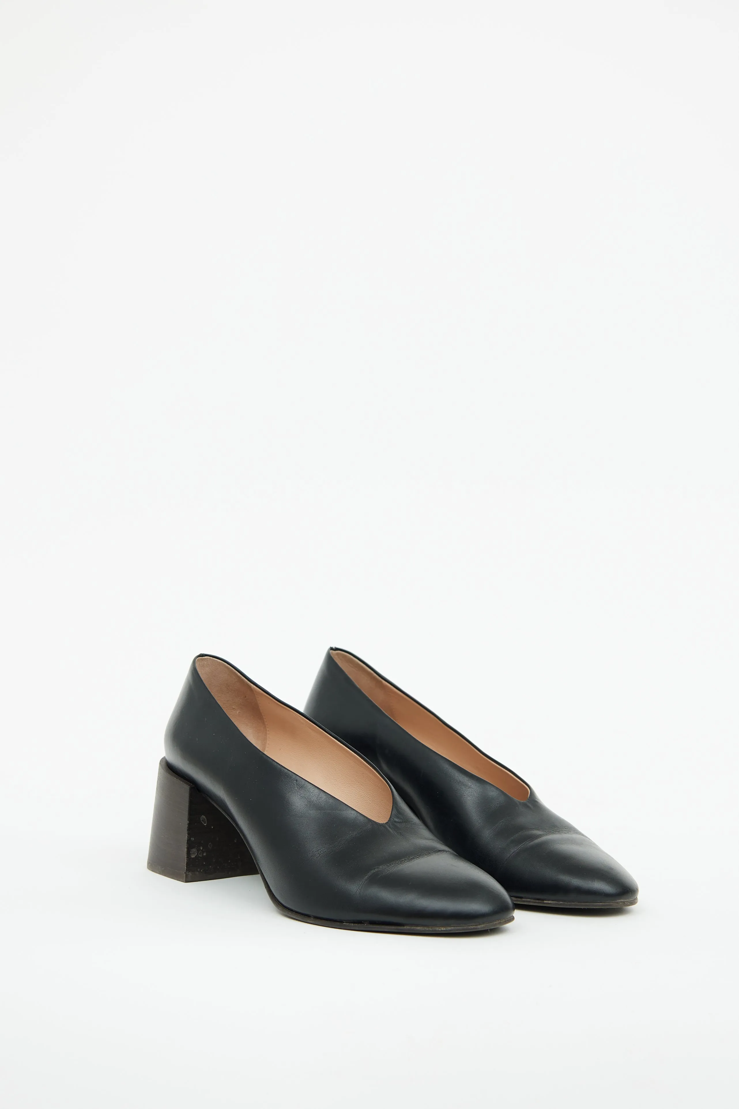 Black Leather Sully Stacked Heel Pump