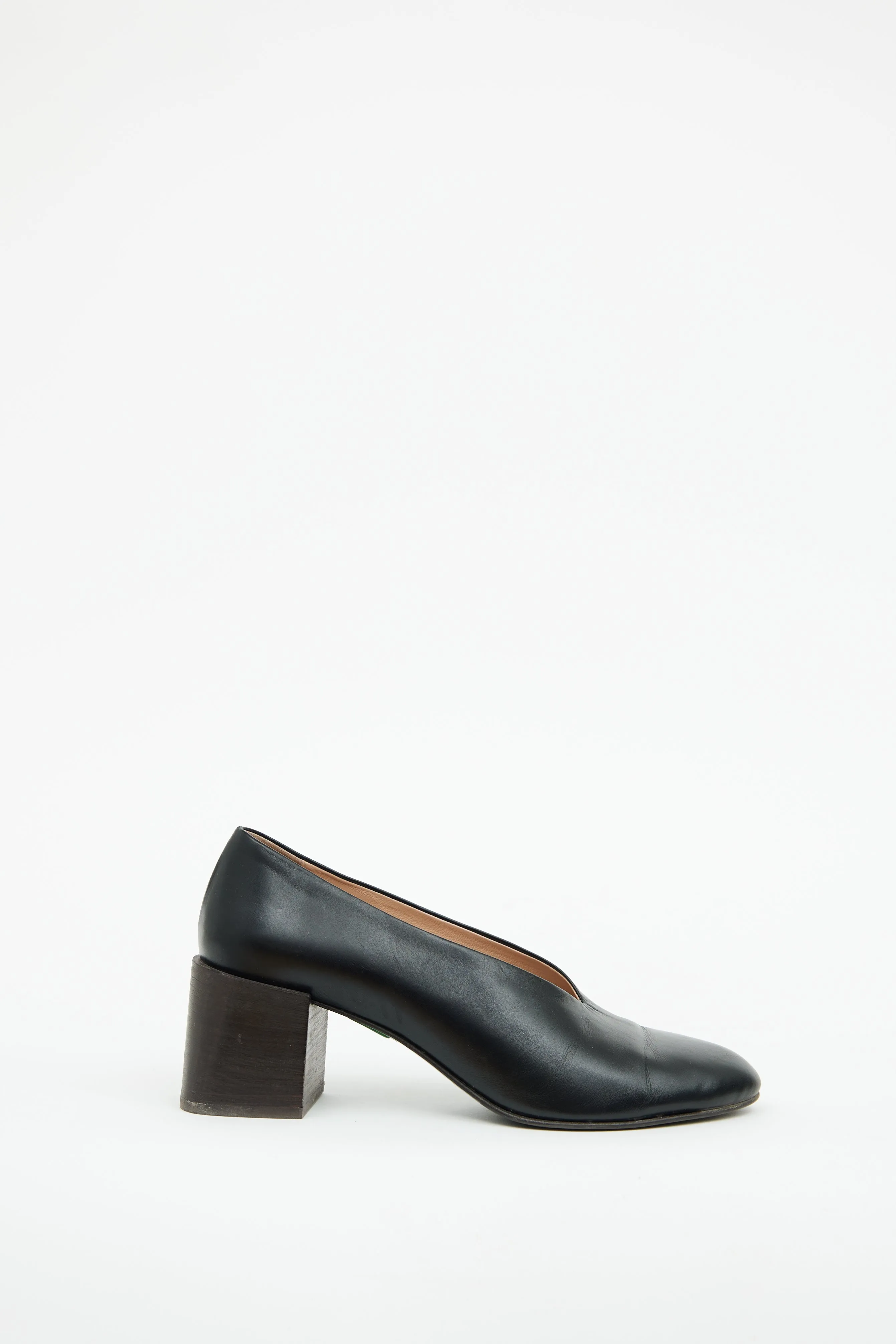 Black Leather Sully Stacked Heel Pump