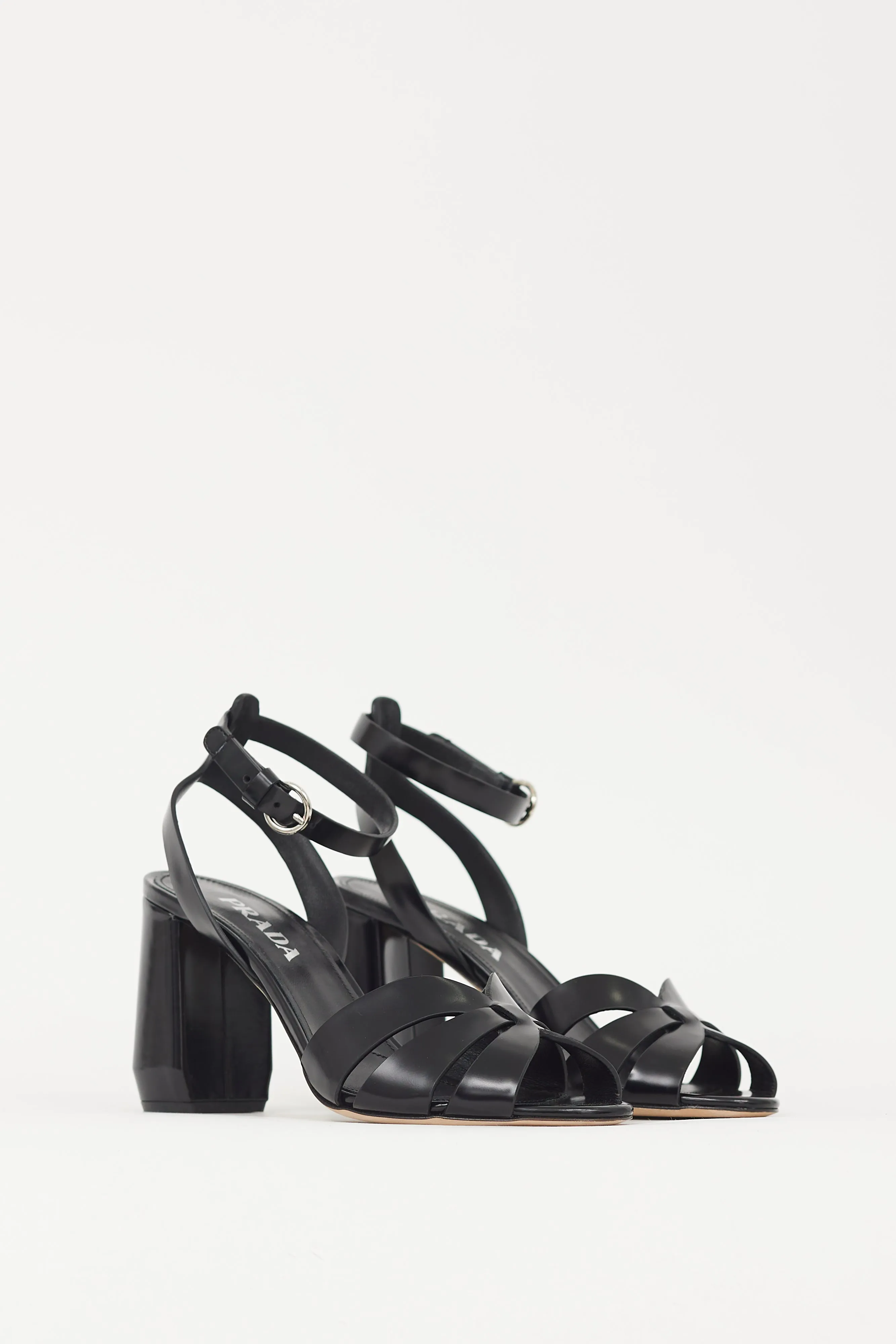 Black Leather Woven Strap Block Heel