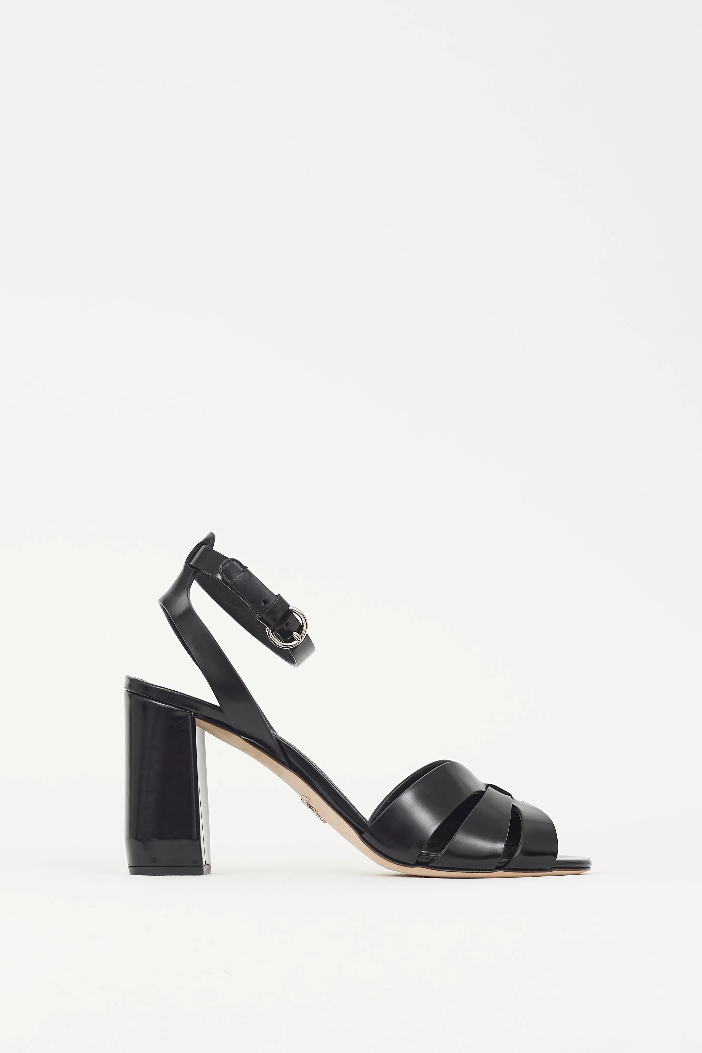 Black Leather Woven Strap Block Heel
