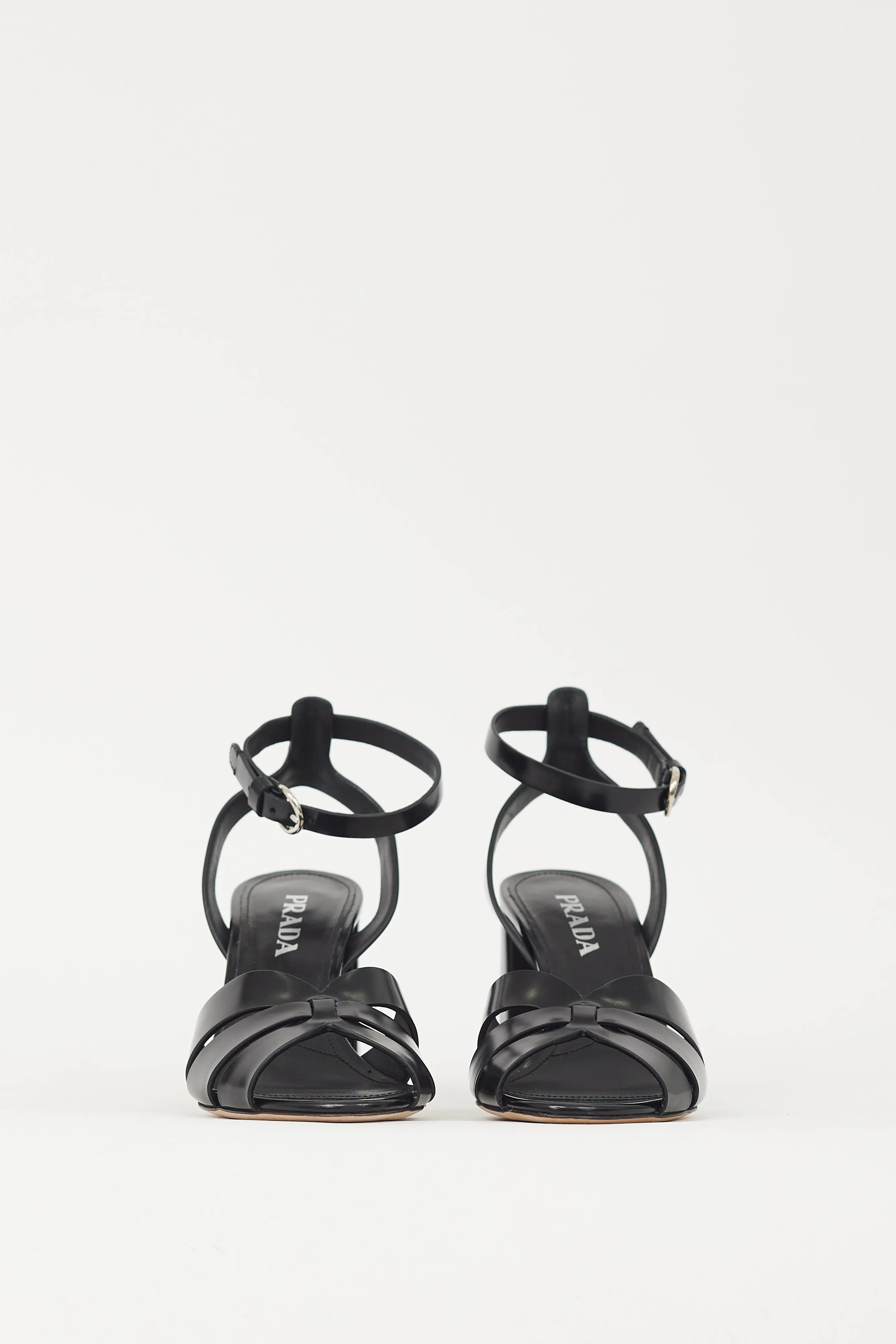Black Leather Woven Strap Block Heel