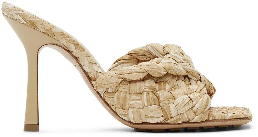 Bottega Veneta Beige Raffia Stretch Heeled Mules