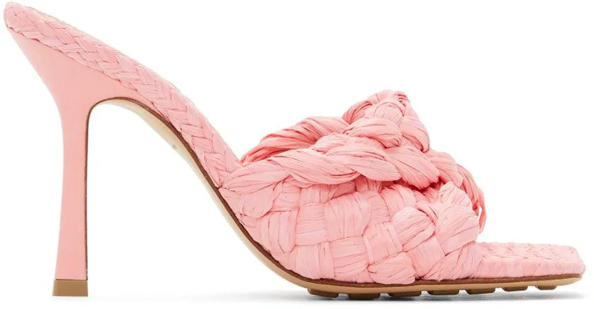 Bottega Veneta Pink Raffia Stretch Heeled Mules