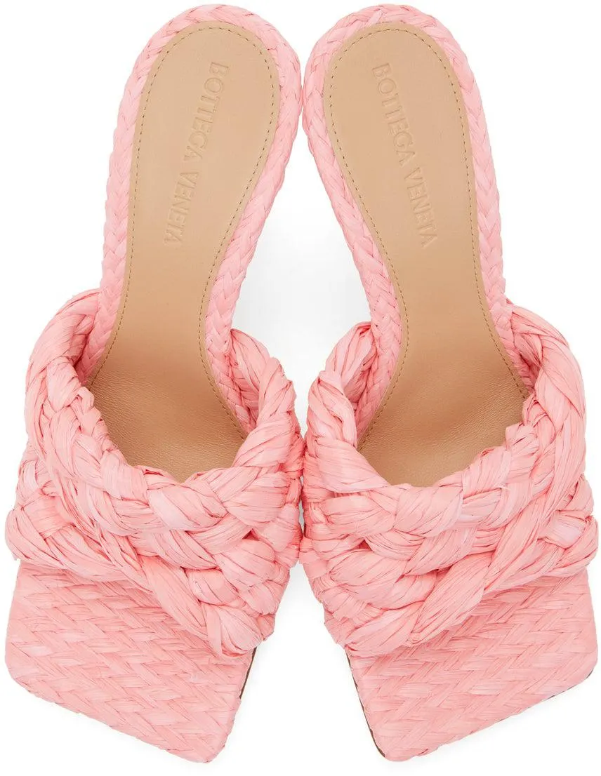 Bottega Veneta Pink Raffia Stretch Heeled Mules