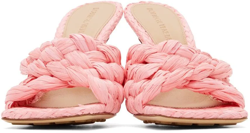 Bottega Veneta Pink Raffia Stretch Heeled Mules
