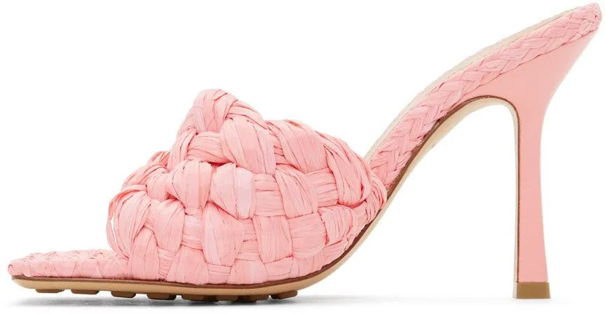 Bottega Veneta Pink Raffia Stretch Heeled Mules