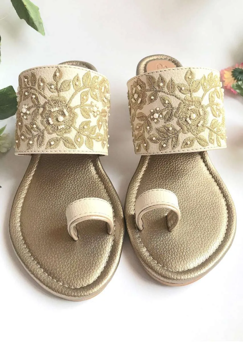 Cream Heels With Gold Zari And Moti Work N Floral Design By Sole House