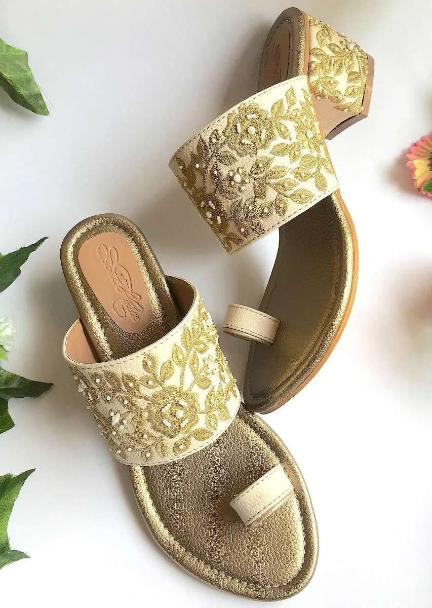 Cream Heels With Gold Zari And Moti Work N Floral Design By Sole House