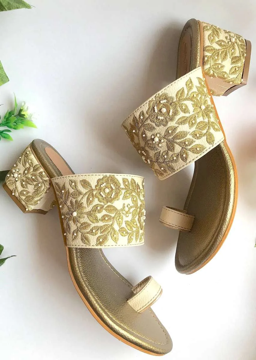 Cream Heels With Gold Zari And Moti Work N Floral Design By Sole House