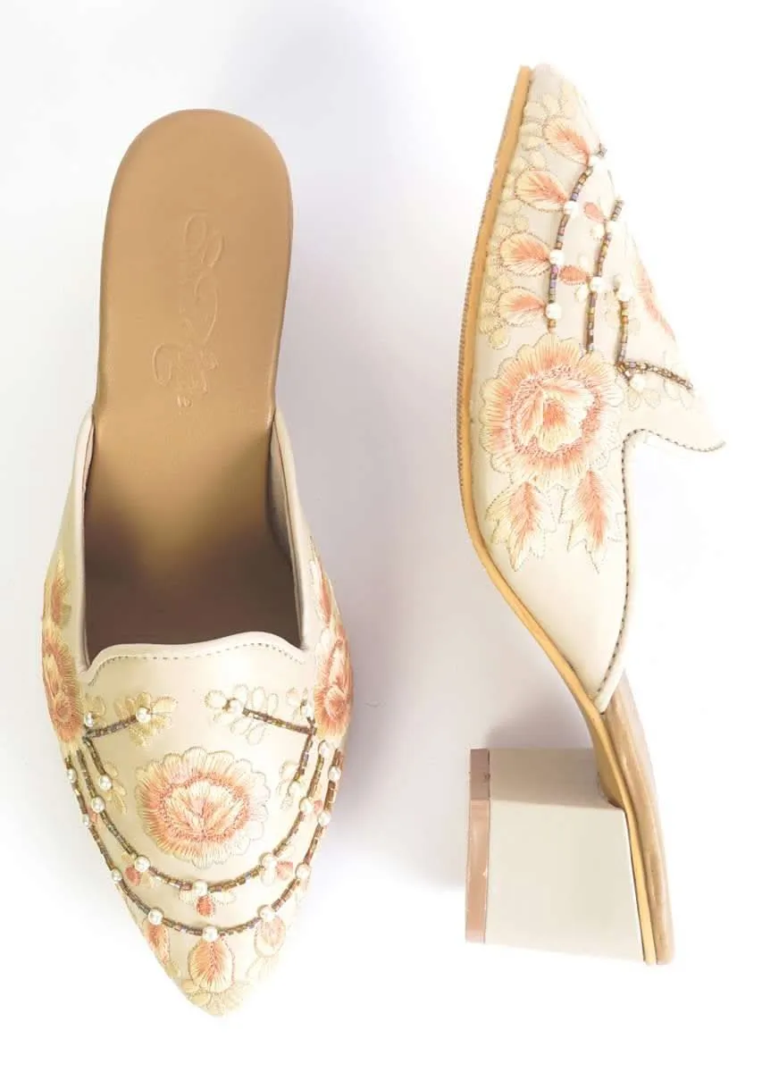 Cream Mules With Block Heels And Saffron Two Toned Floral Design By Sole House
