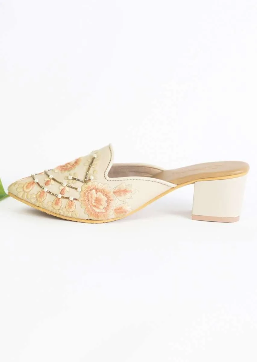 Cream Mules With Block Heels And Saffron Two Toned Floral Design By Sole House