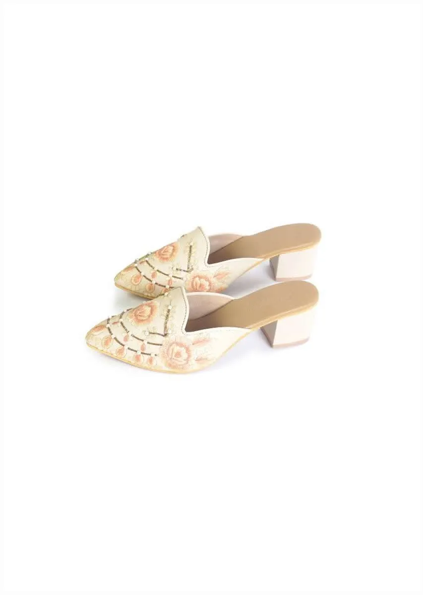 Cream Mules With Block Heels And Saffron Two Toned Floral Design By Sole House
