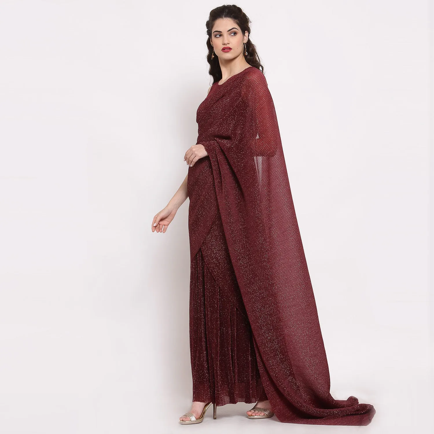 Maroon Drape Saree With Net And Plisse Fabric