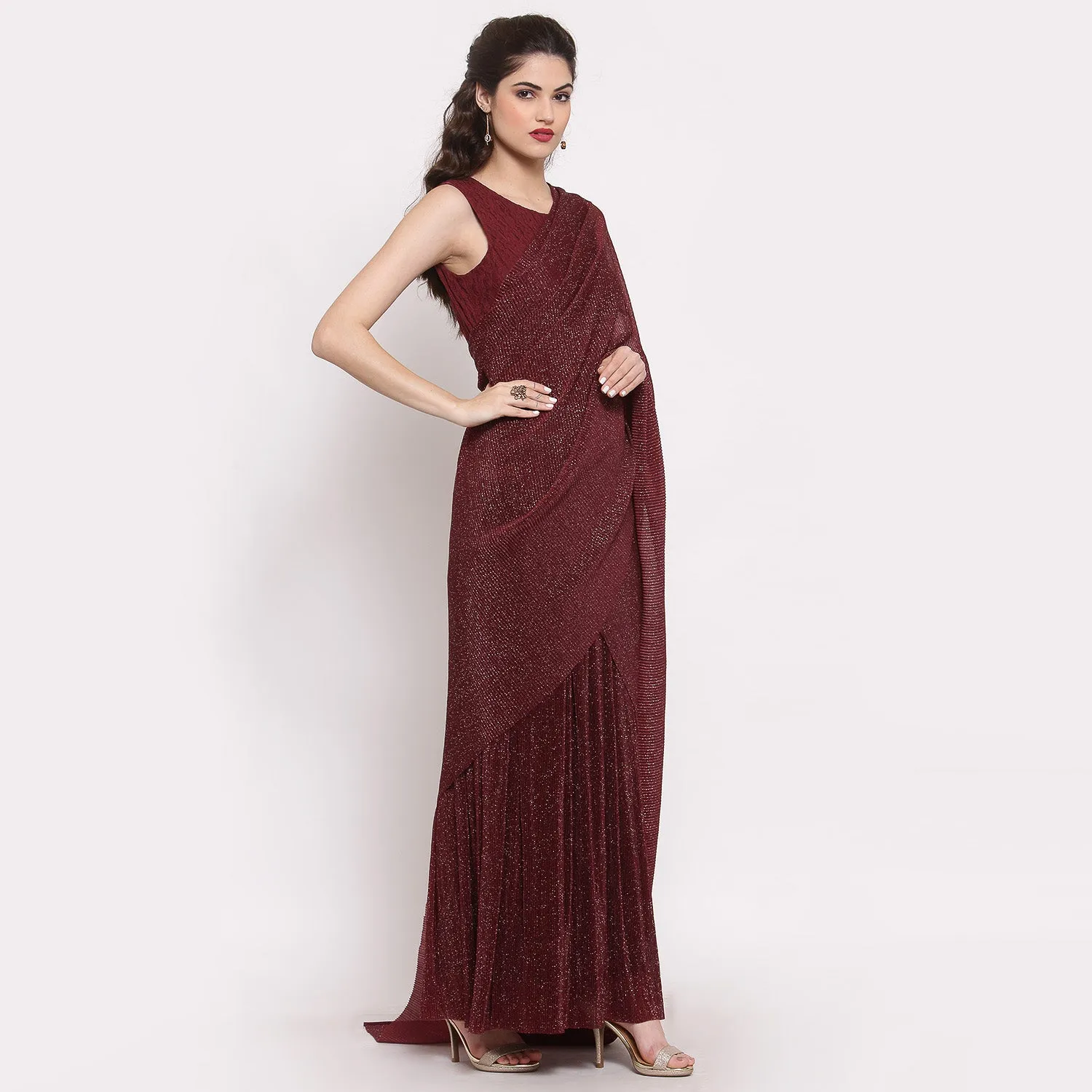 Maroon Drape Saree With Net And Plisse Fabric