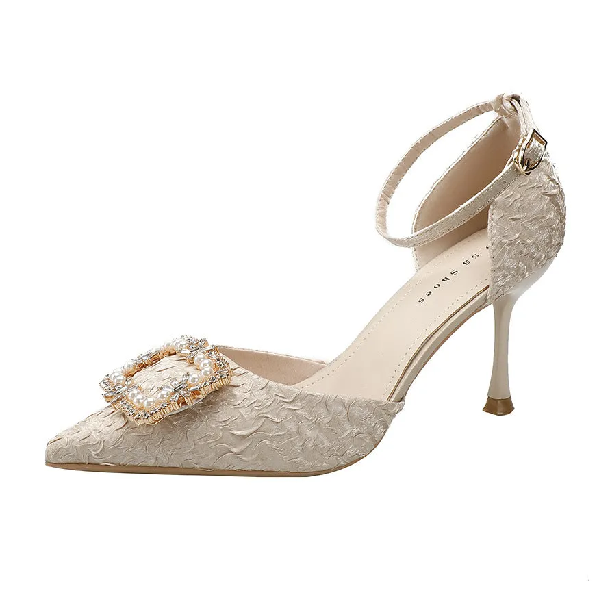 Nude Block Heels Closed Toe Rhinestone Sandals Stiletto Women's Shoes