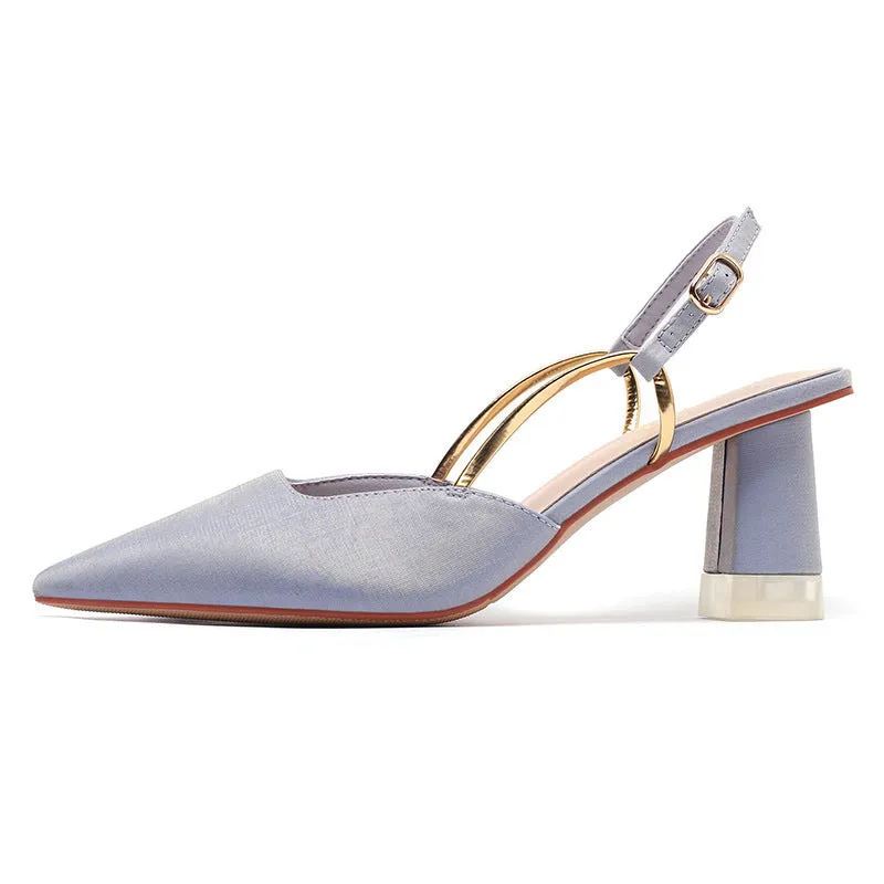 Nude Block Heels Closed Toe Spring Shoes round Toe Women's Sandals