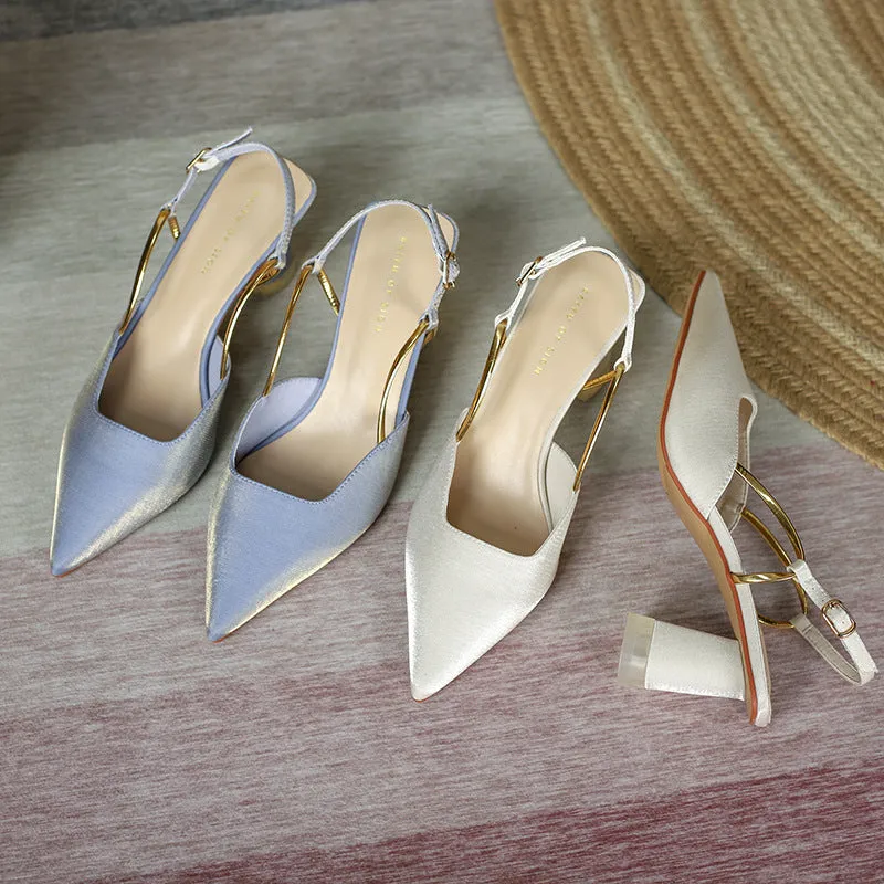 Nude Block Heels Closed Toe Spring Shoes round Toe Women's Sandals