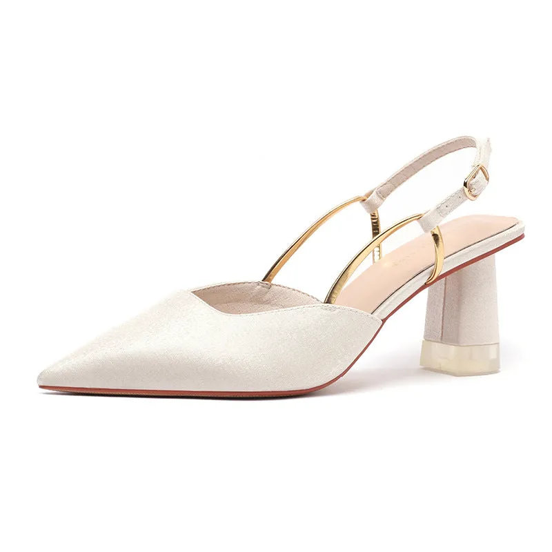 Nude Block Heels Closed Toe Spring Shoes round Toe Women's Sandals