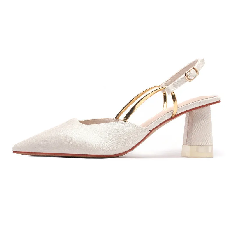 Nude Block Heels Closed Toe Spring Shoes round Toe Women's Sandals