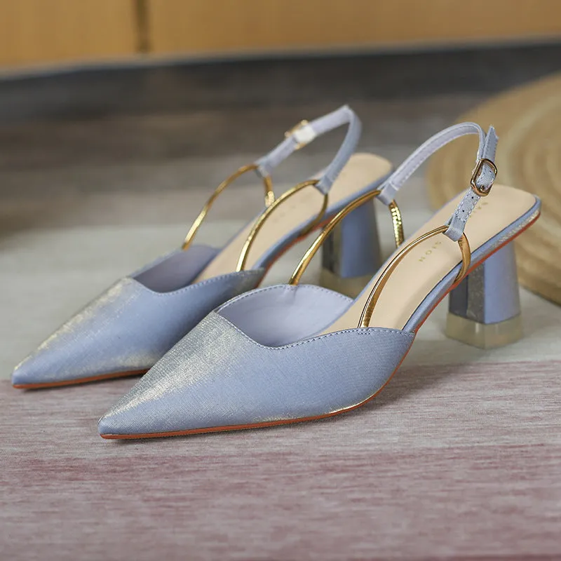 Nude Block Heels Closed Toe Spring Shoes round Toe Women's Sandals