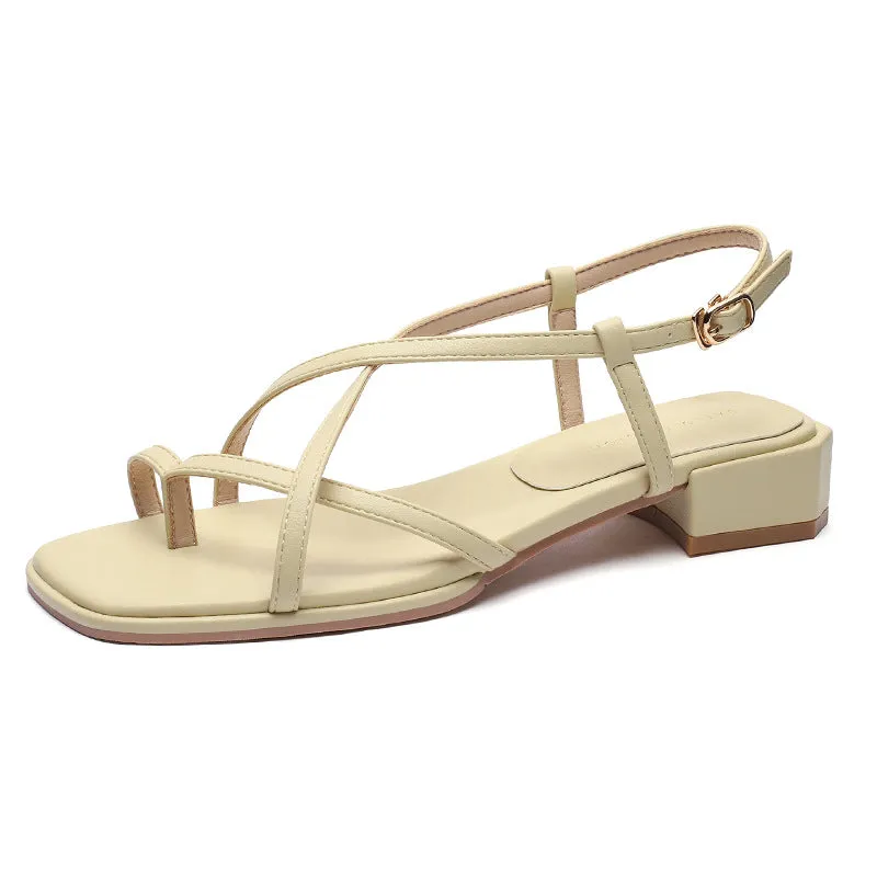 Nude Strappy Block Heels Summer Low Heel Sandals Women's Shoes