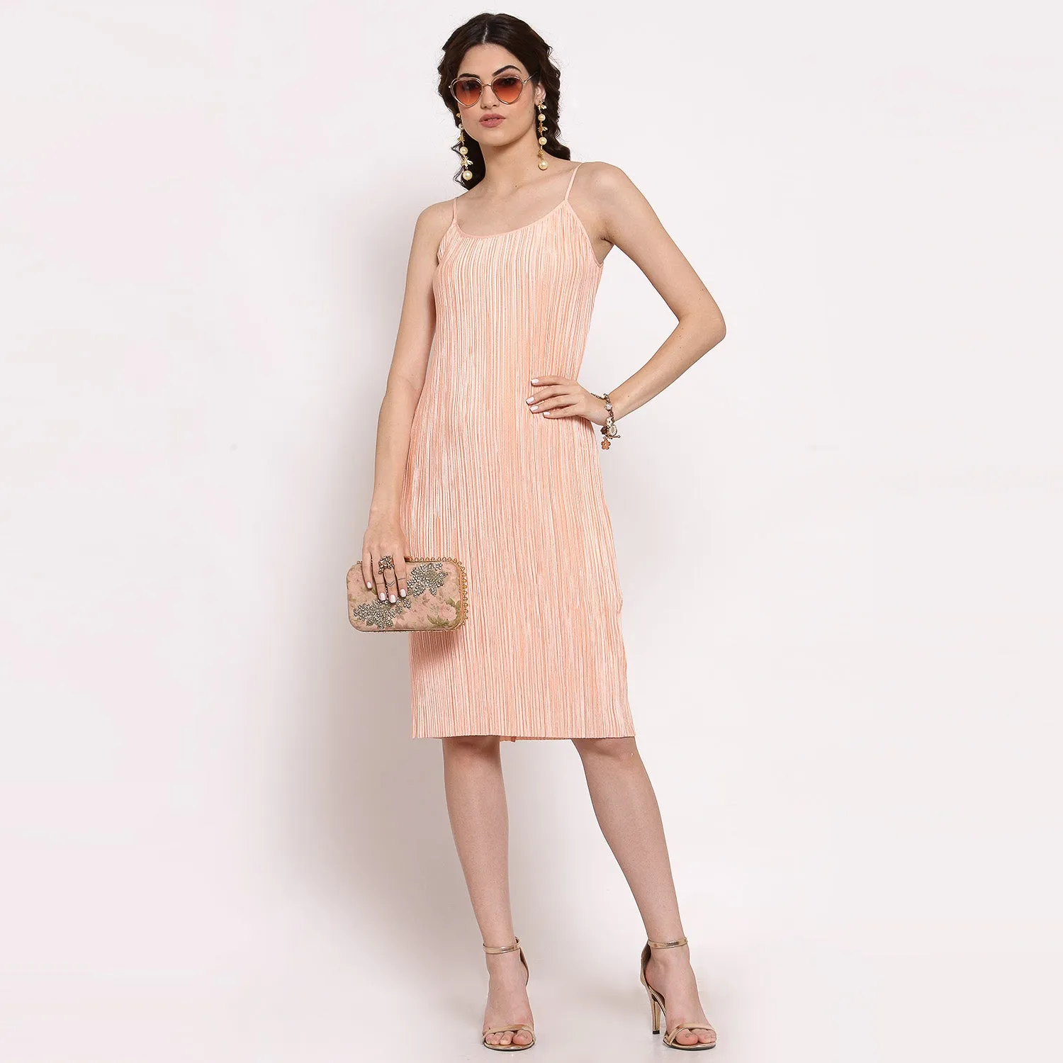 Peach Satin Plisse Fabric Spaghetti Dress