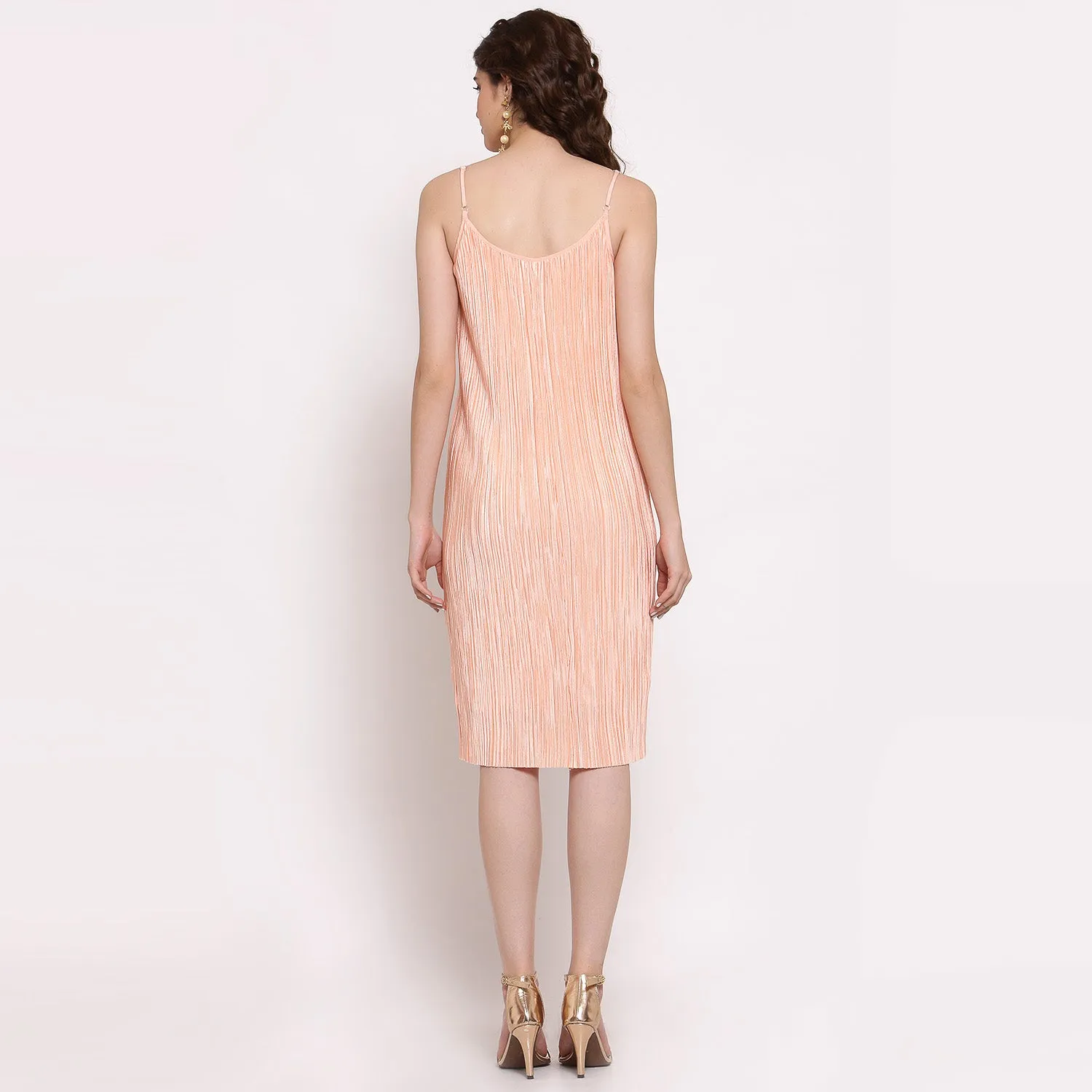 Peach Satin Plisse Fabric Spaghetti Dress