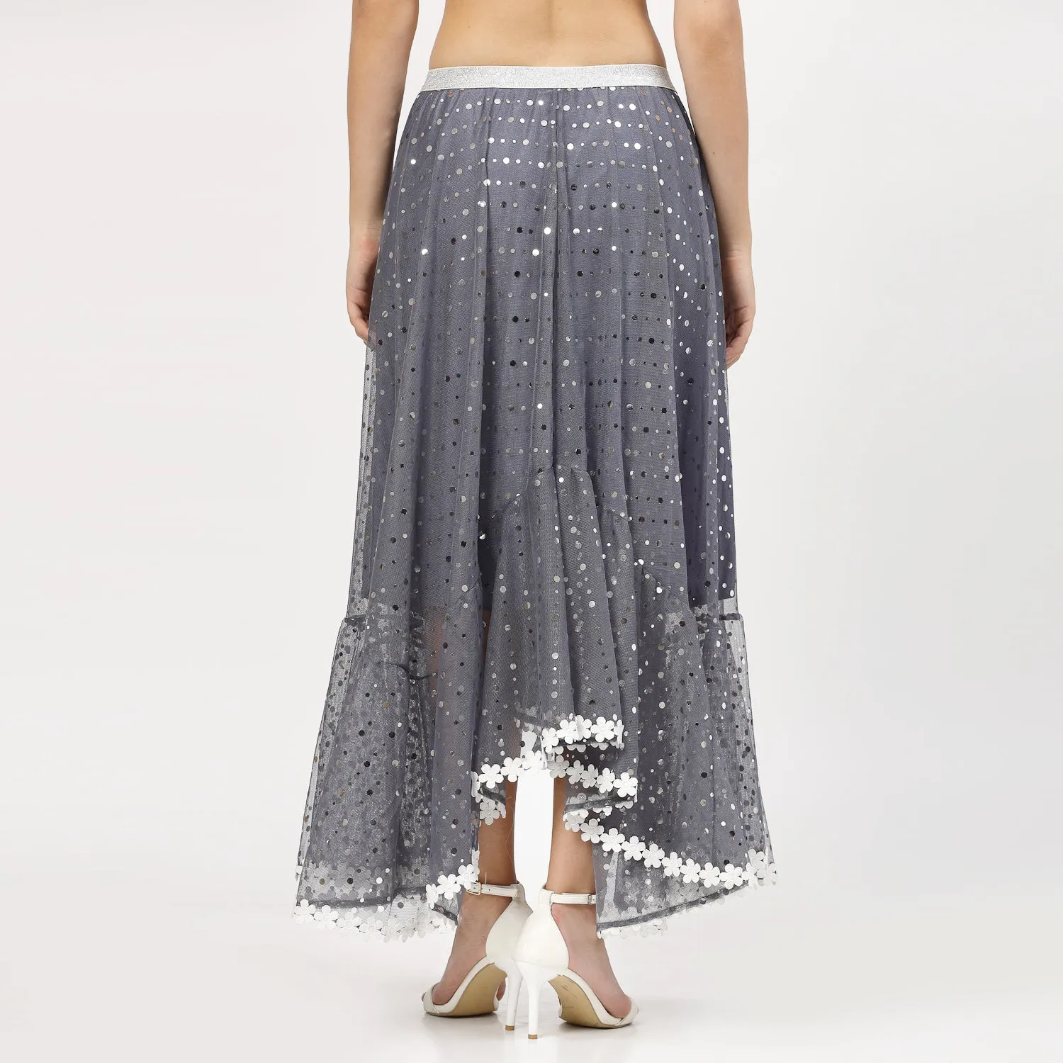 Stone Blue Net Asymmetrical Skirt With Sequins And Lace