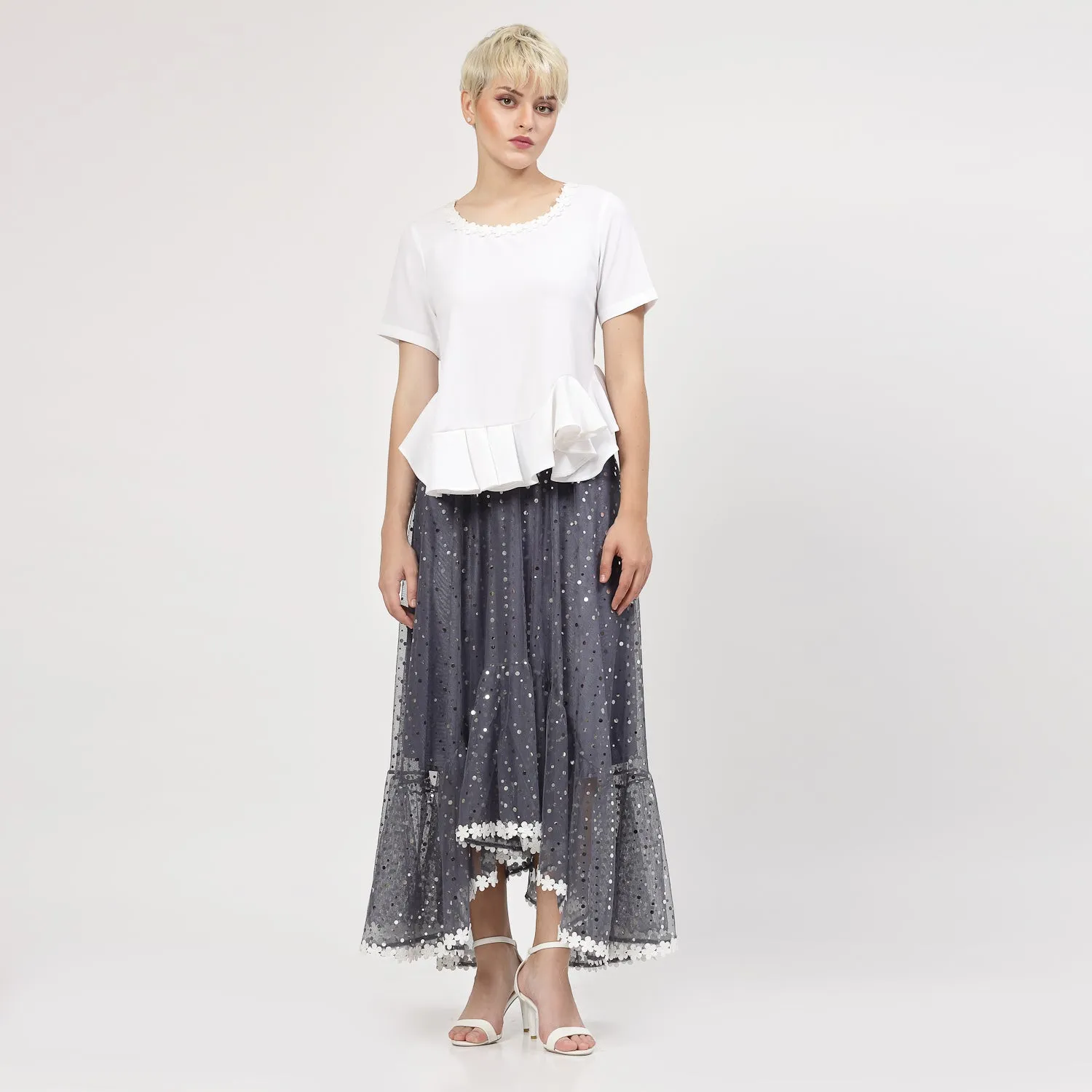 Stone Blue Net Asymmetrical Skirt With Sequins And Lace