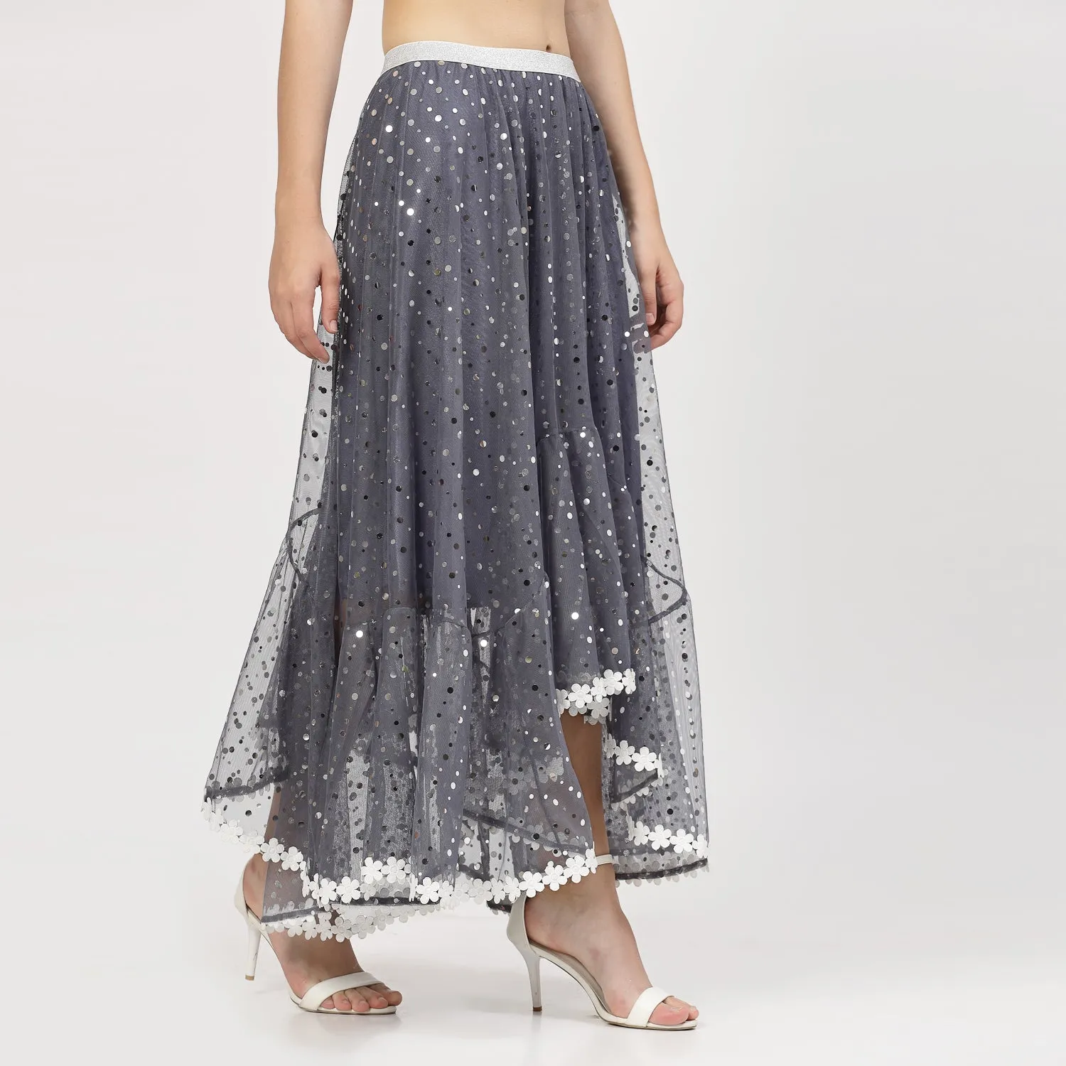 Stone Blue Net Asymmetrical Skirt With Sequins And Lace