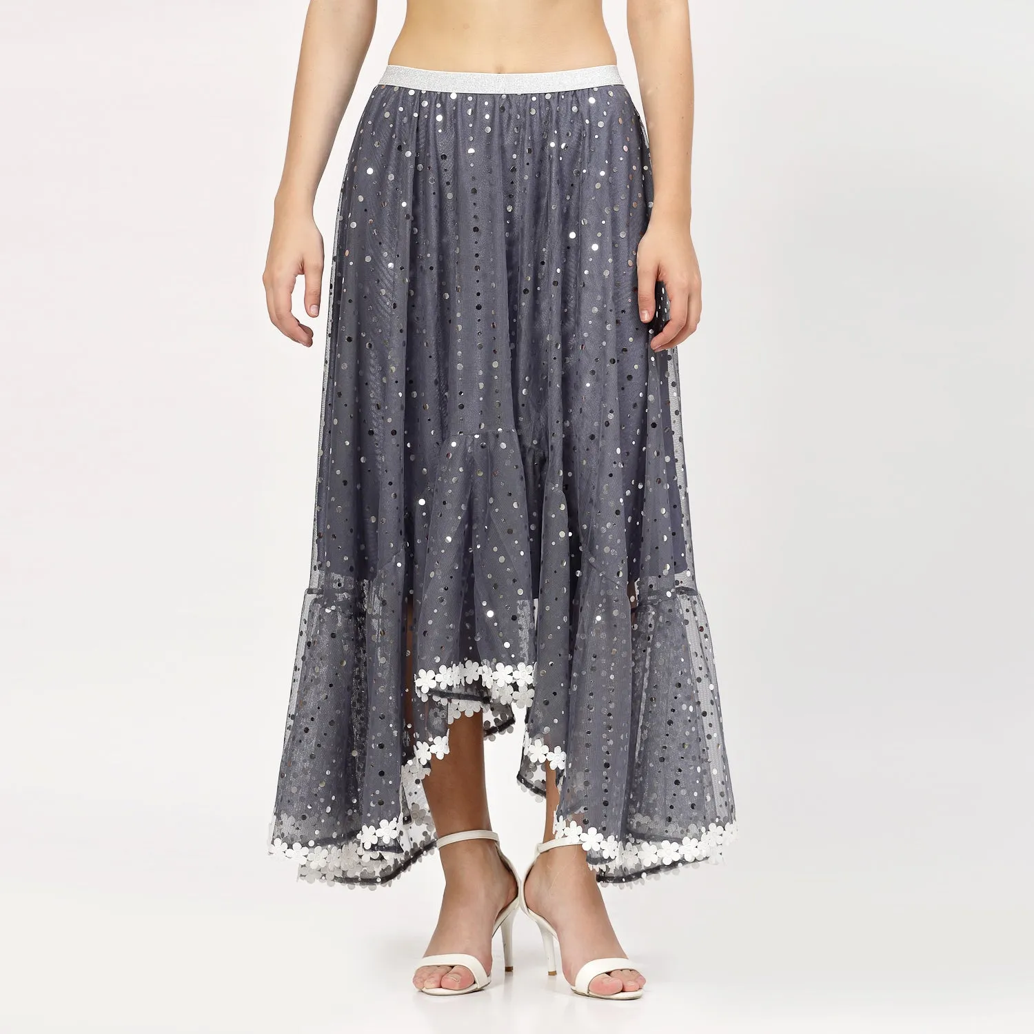 Stone Blue Net Asymmetrical Skirt With Sequins And Lace