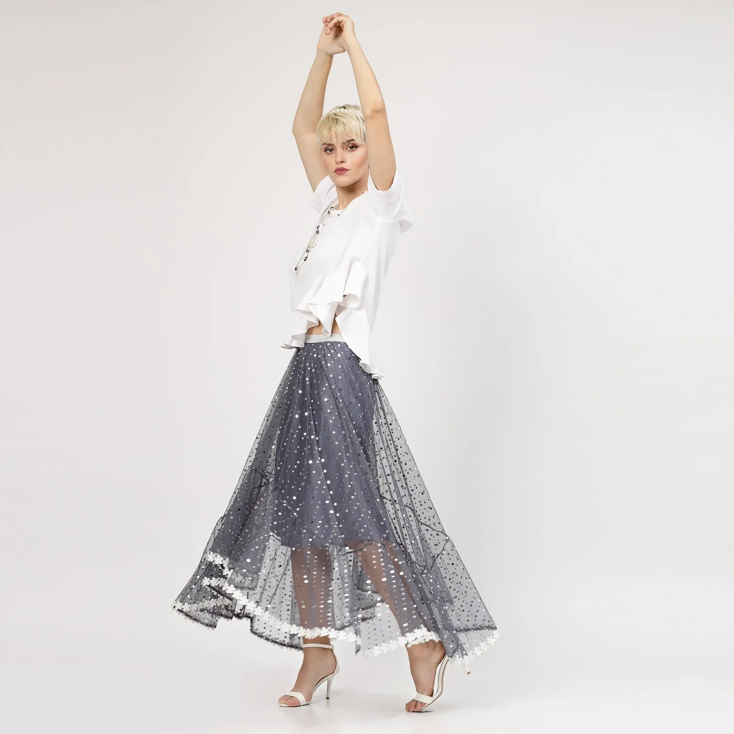 Stone Blue Net Asymmetrical Skirt With Sequins And Lace