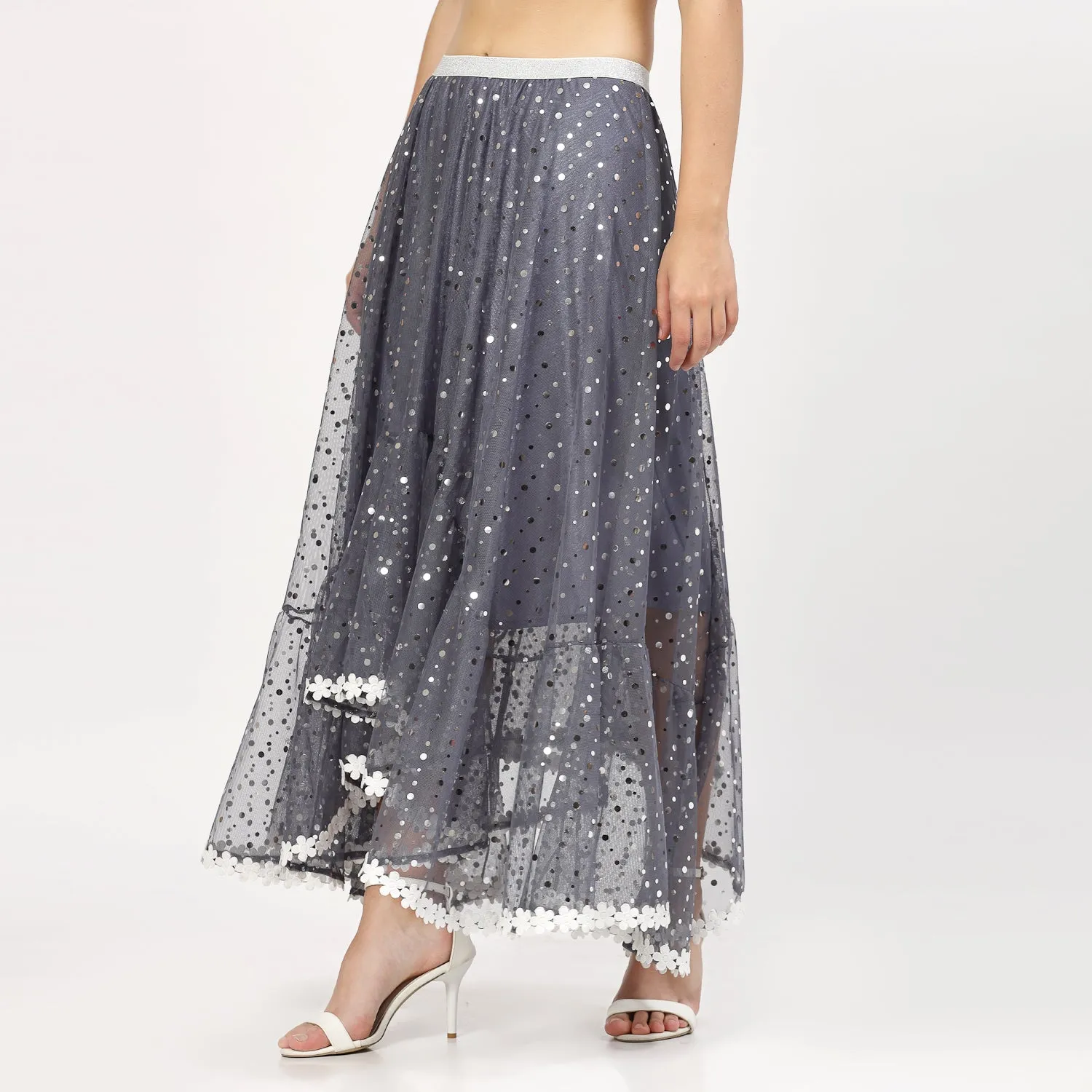 Stone Blue Net Asymmetrical Skirt With Sequins And Lace